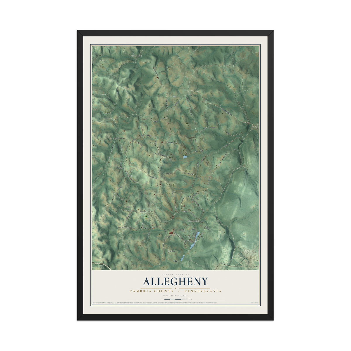 Map of Allegheny, Cambria County, Pennsylvania, 12 x 18 inch print in a black wood frame