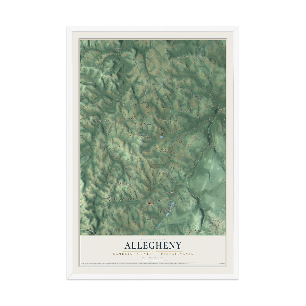 Map of Allegheny, Cambria County, Pennsylvania, 12 x 18 inch print in a white wood frame