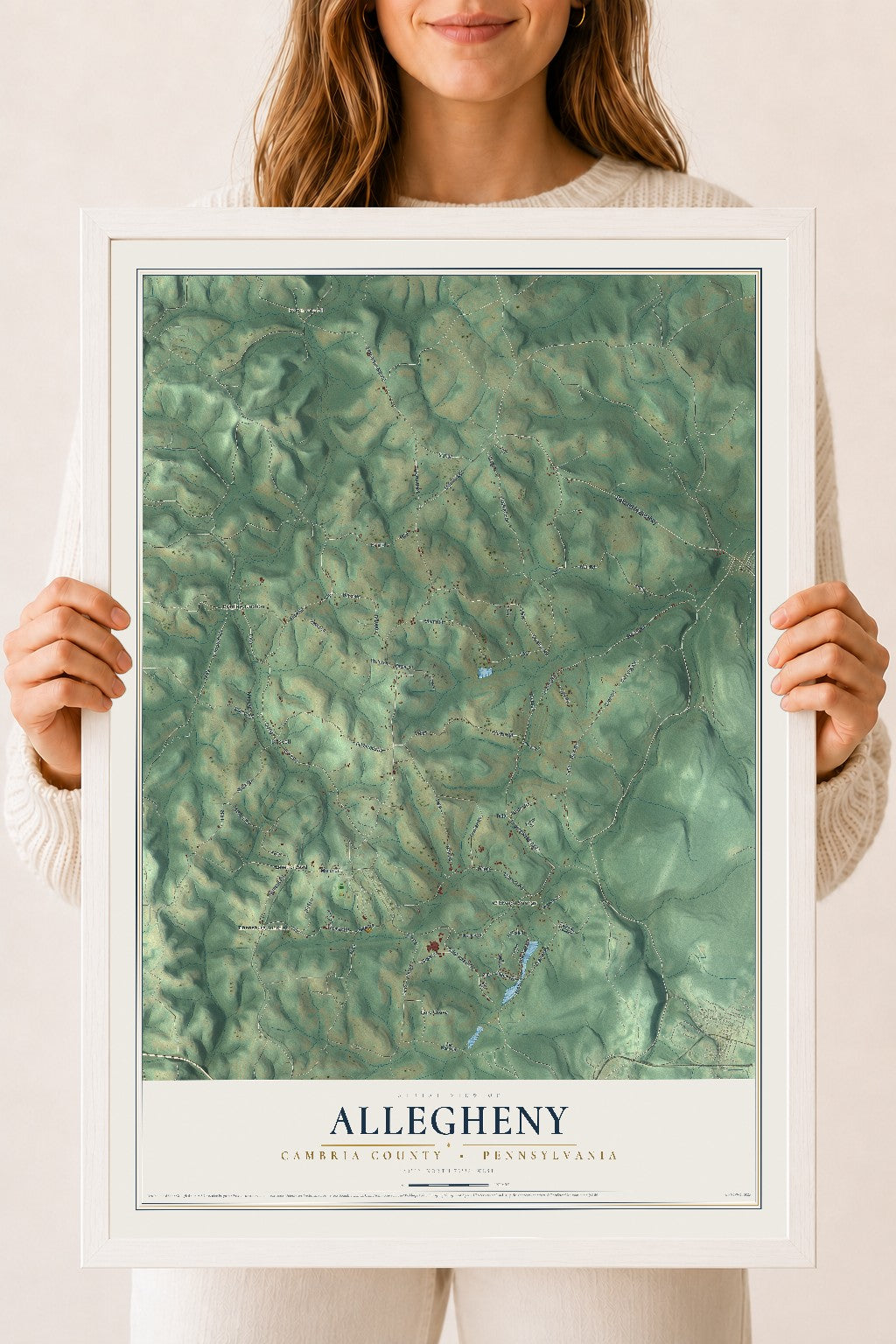 Map of Allegheny, Cambria County, Pennsylvania, 18 x 24 inch print in a white wood frame
