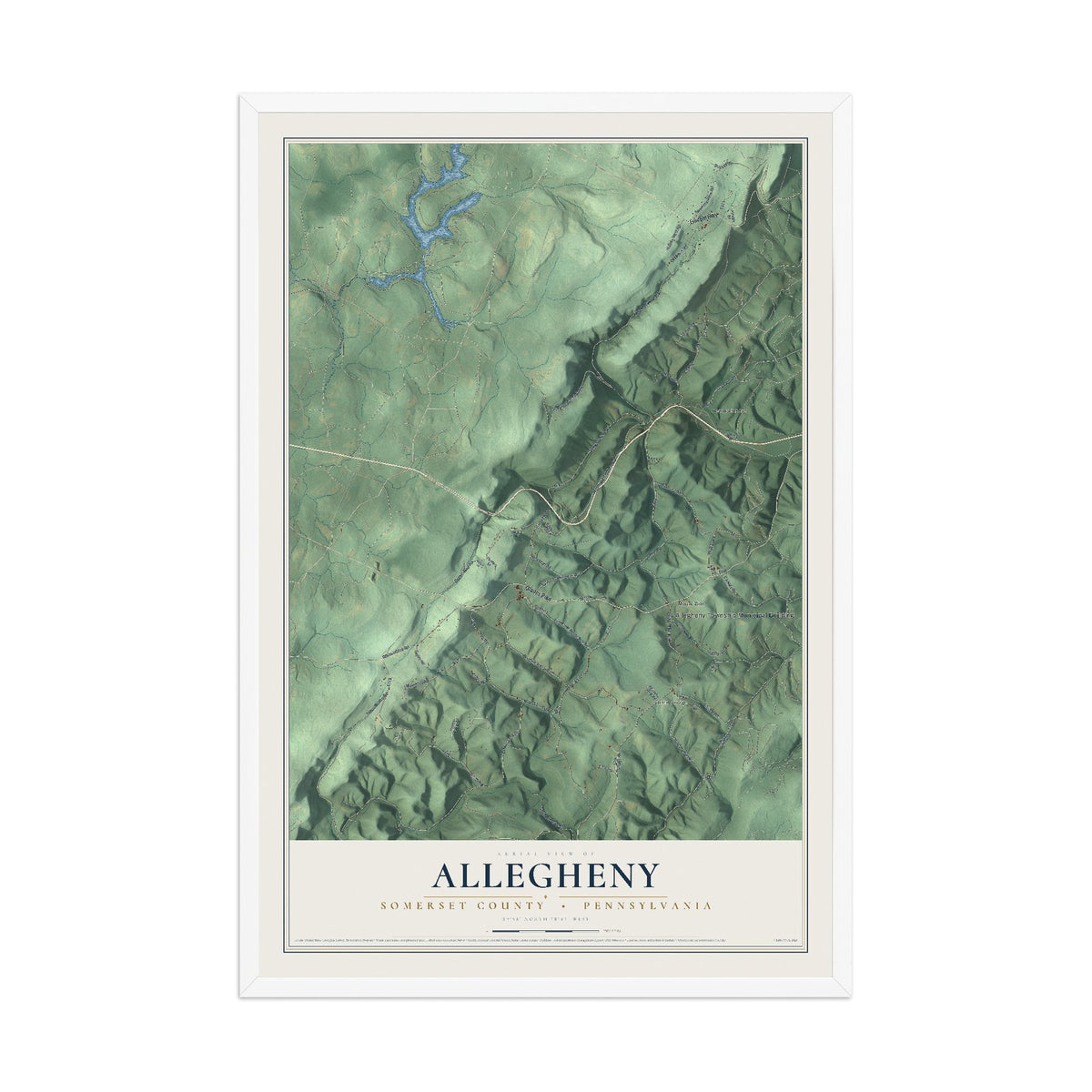 Map of Allegheny, Somerset County, Pennsylvania, 12 x 18 inch print in a white wood frame