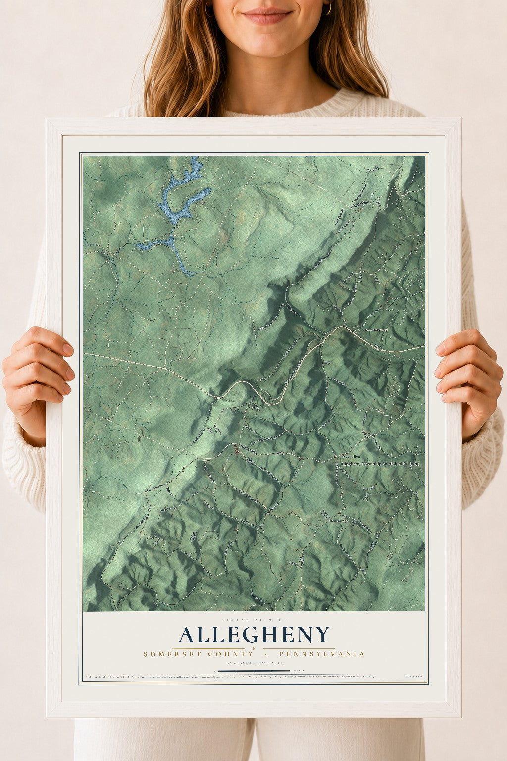 Map of Allegheny, Somerset County, Pennsylvania, 18 x 24 inch print in a white wood frame