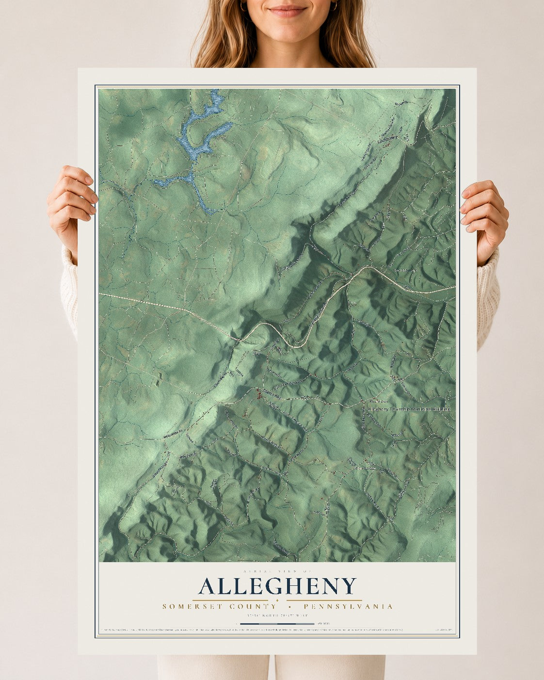 Map of Allegheny, Somerset County, Pennsylvania, 24 x 36 inch unframed archival matte print