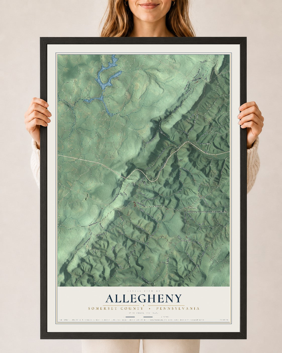 Map of Allegheny, Somerset County, Pennsylvania, 24 x 36 inch print in a black wood frame