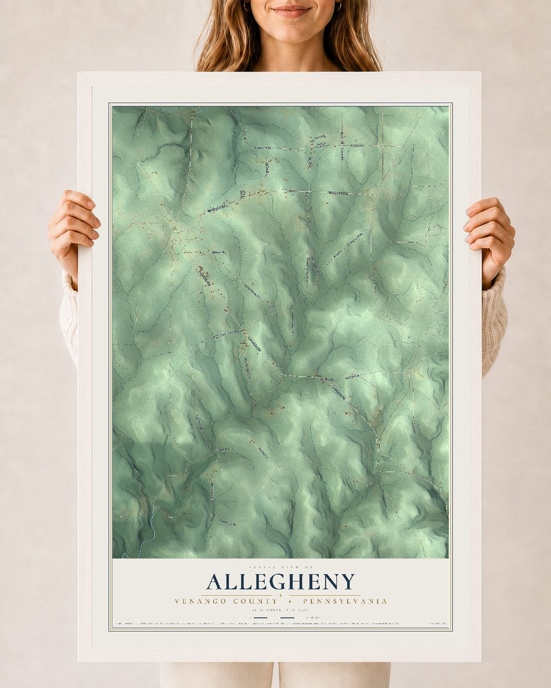 Map of Allegheny, Venango County, Pennsylvania, 24 x 36 inch print in a white wood frame