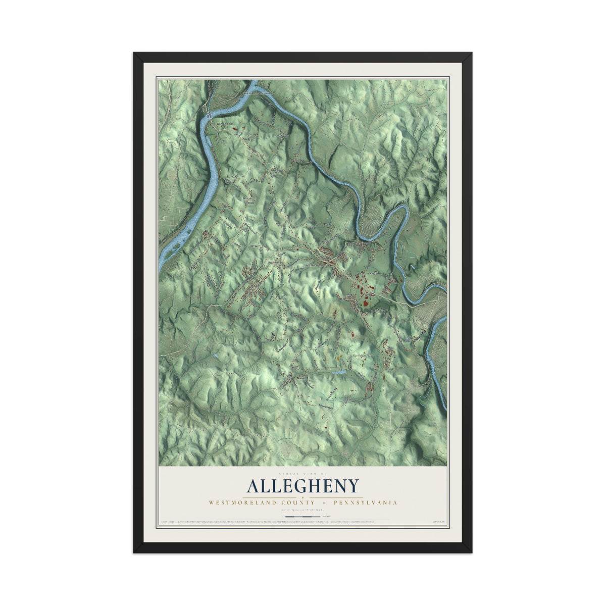 Map of Allegheny, Westmoreland County, Pennsylvania, 12 x 18 inch print in a black wood frame