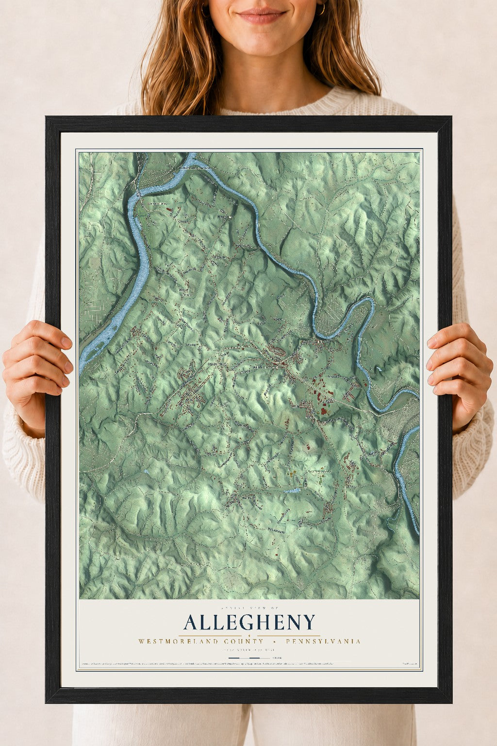 Map of Allegheny, Westmoreland County, Pennsylvania, 18 x 24 inch print in a black wood frame