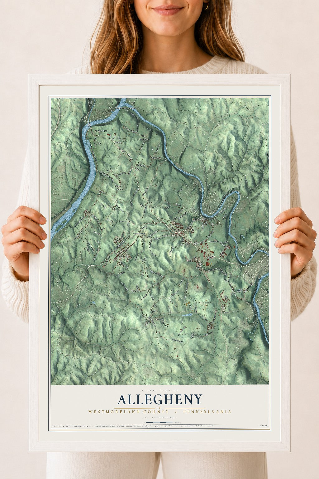Map of Allegheny, Westmoreland County, Pennsylvania, 18 x 24 inch print in a white wood frame