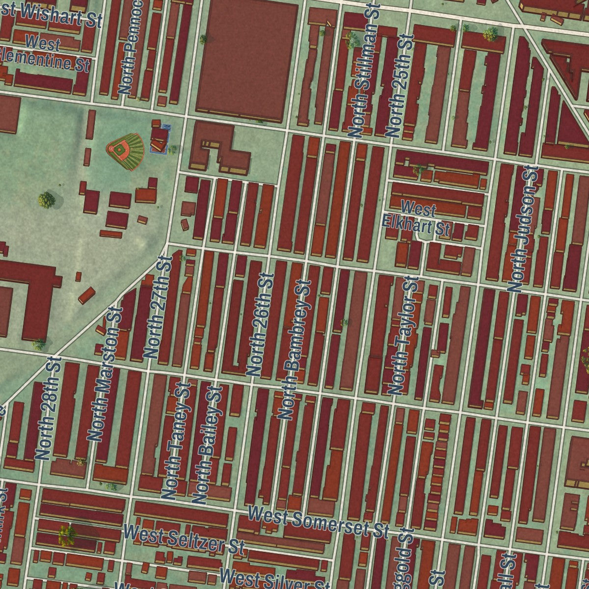 Close-up of the map of Allegheny West, Philadelphia, Pennsylvania print showing street and building detail