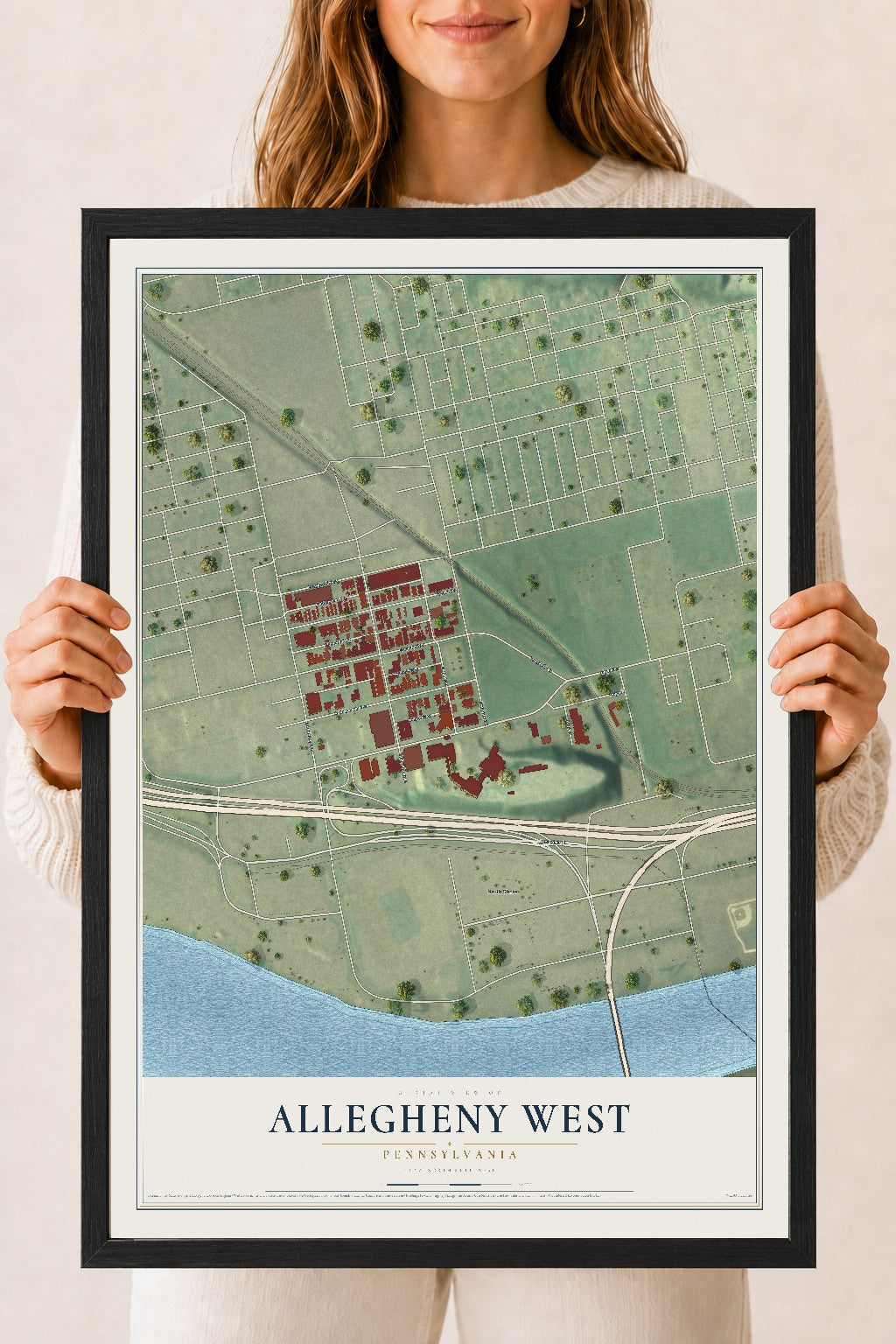 Map of Allegheny West, Pennsylvania, 18 x 24 inch print in a black wood frame