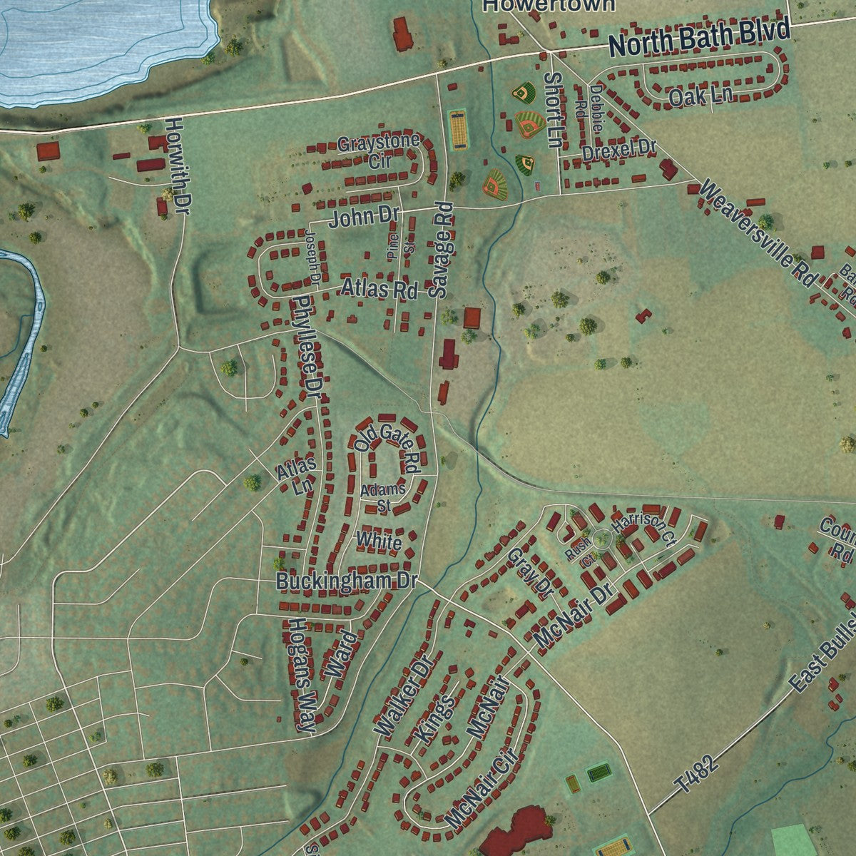 Close-up of the map of Allen, Pennsylvania print showing street and building detail