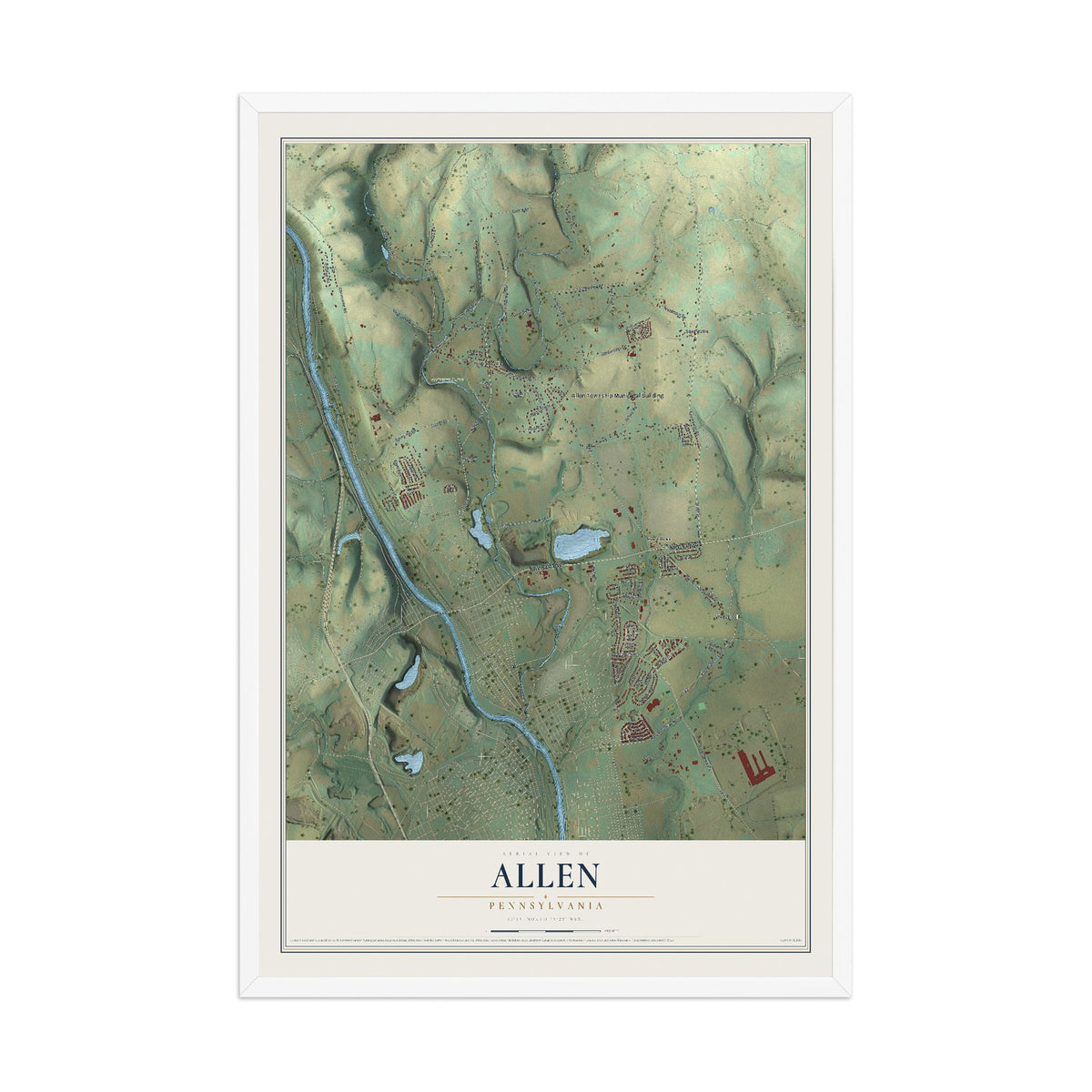Map of Allen, Pennsylvania, 12 x 18 inch print in a white wood frame