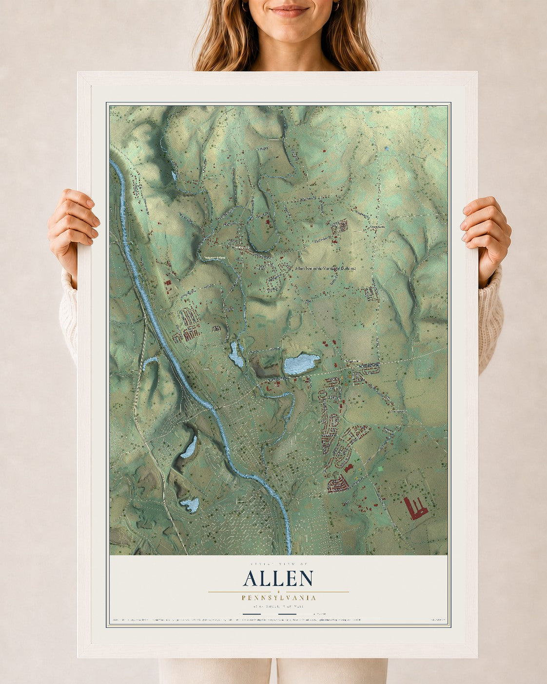 Map of Allen, Pennsylvania, 24 x 36 inch print in a white wood frame