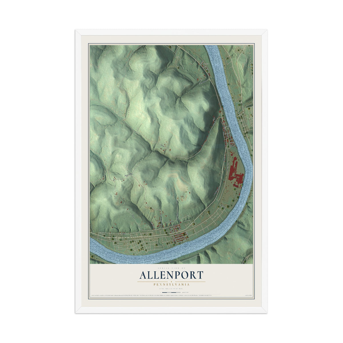 Map of Allenport, Pennsylvania, 12 x 18 inch print in a white wood frame