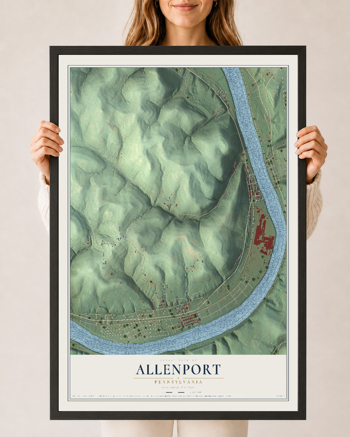Map of Allenport, Pennsylvania, 24 x 36 inch print in a black wood frame