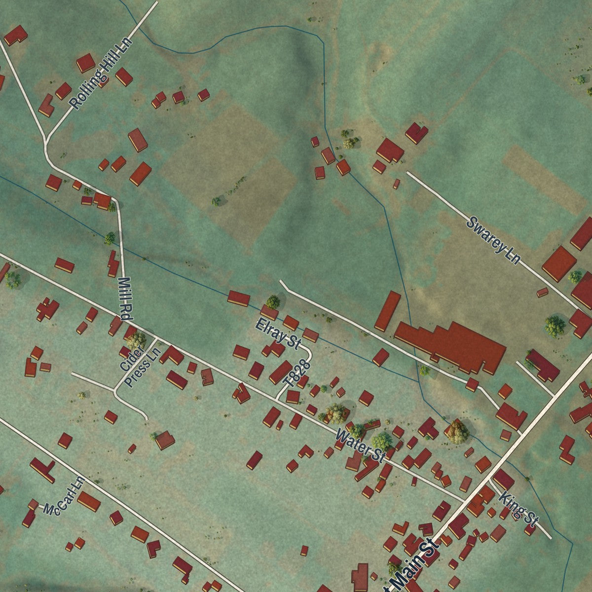 Close-up of the map of Allensville, Pennsylvania print showing street and building detail