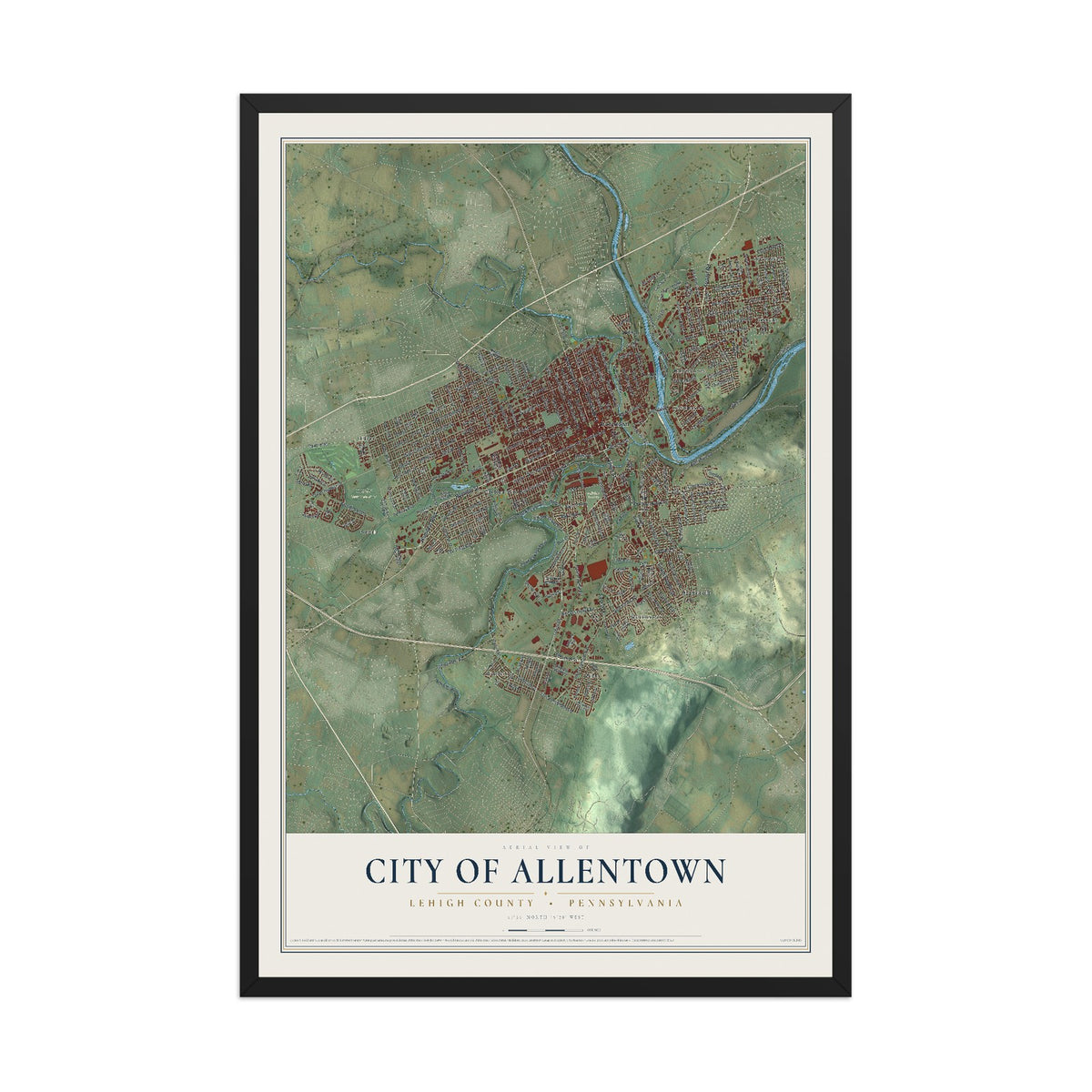 Map of the City of Allentown, Lehigh County, Pennsylvania, 12 x 18 inch print in a black wood frame