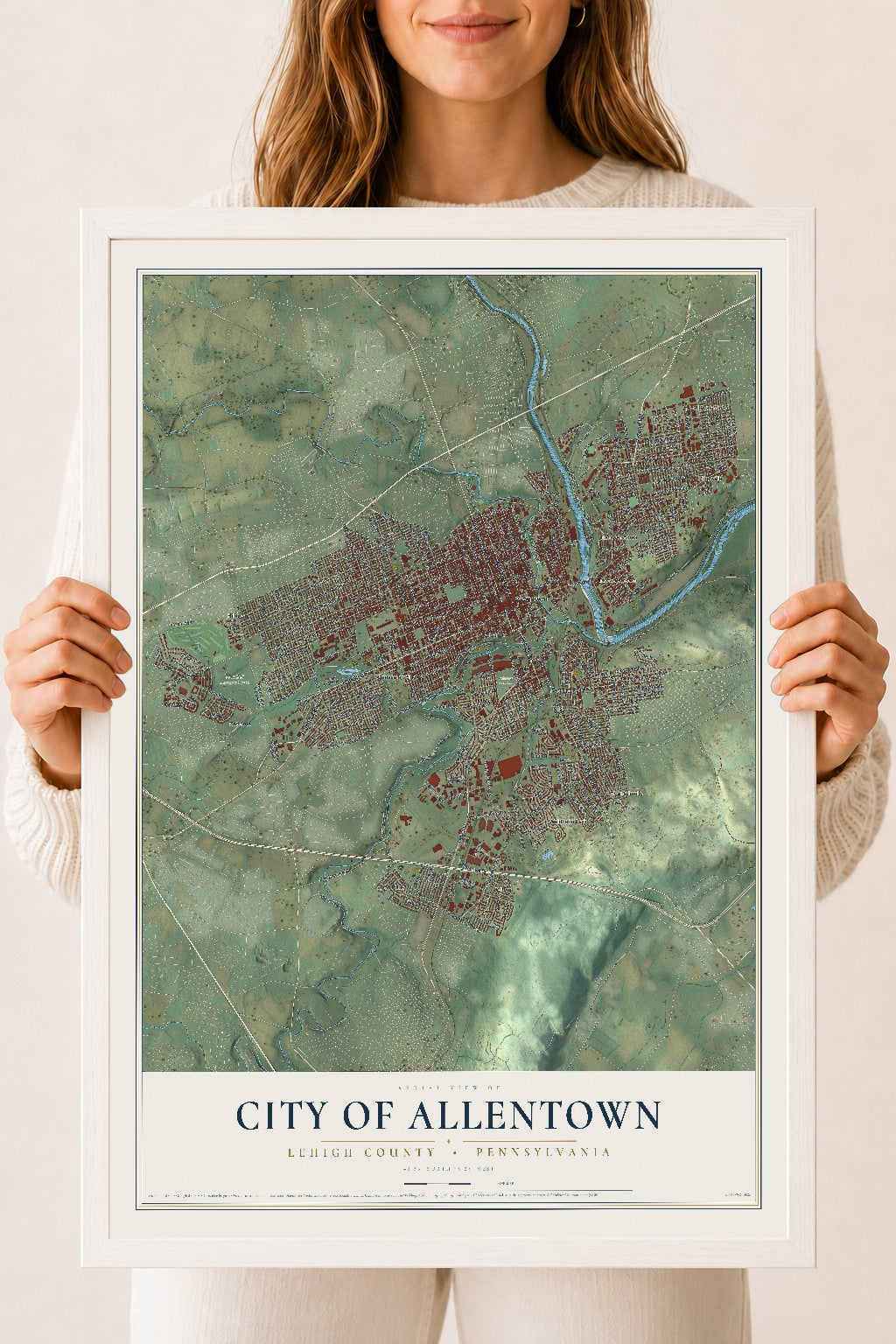 Map of the City of Allentown, Lehigh County, Pennsylvania, 18 x 24 inch print in a white wood frame