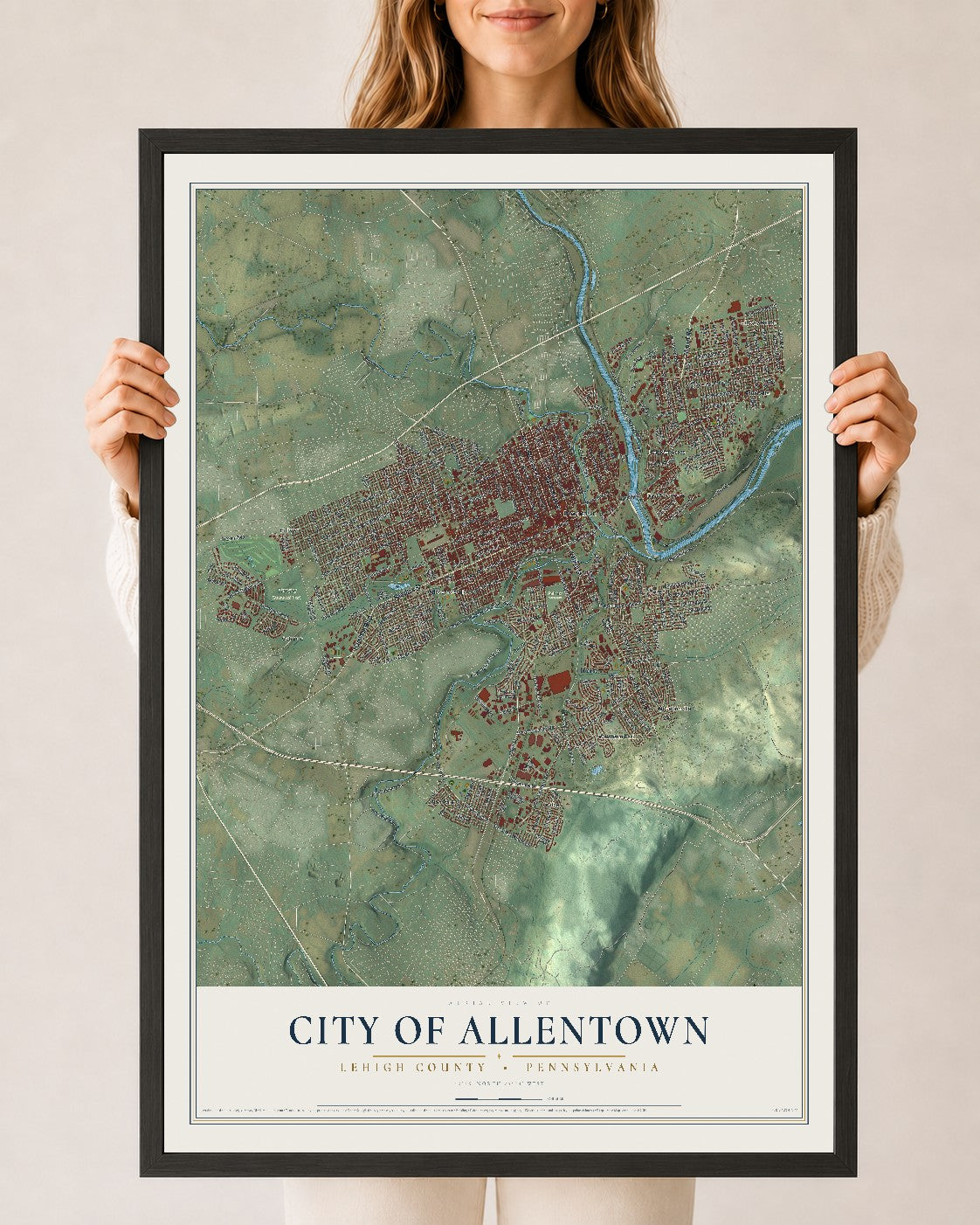 Map of the City of Allentown, Lehigh County, Pennsylvania, 24 x 36 inch print in a black wood frame