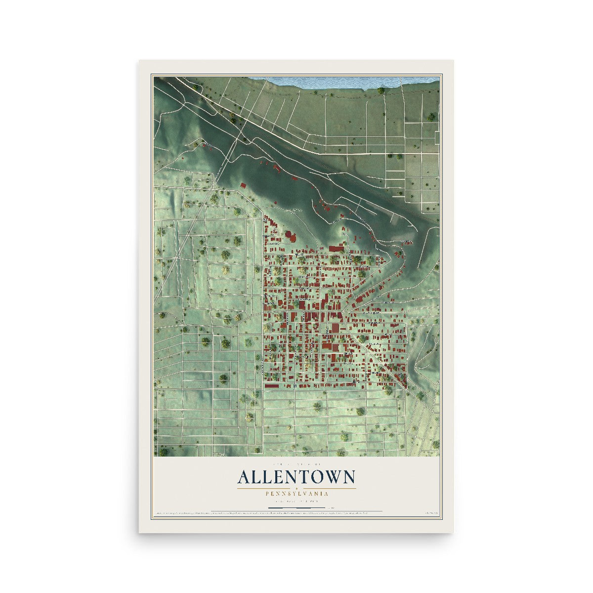Map of Allentown, Pennsylvania, 12 x 18 inch unframed archival matte print