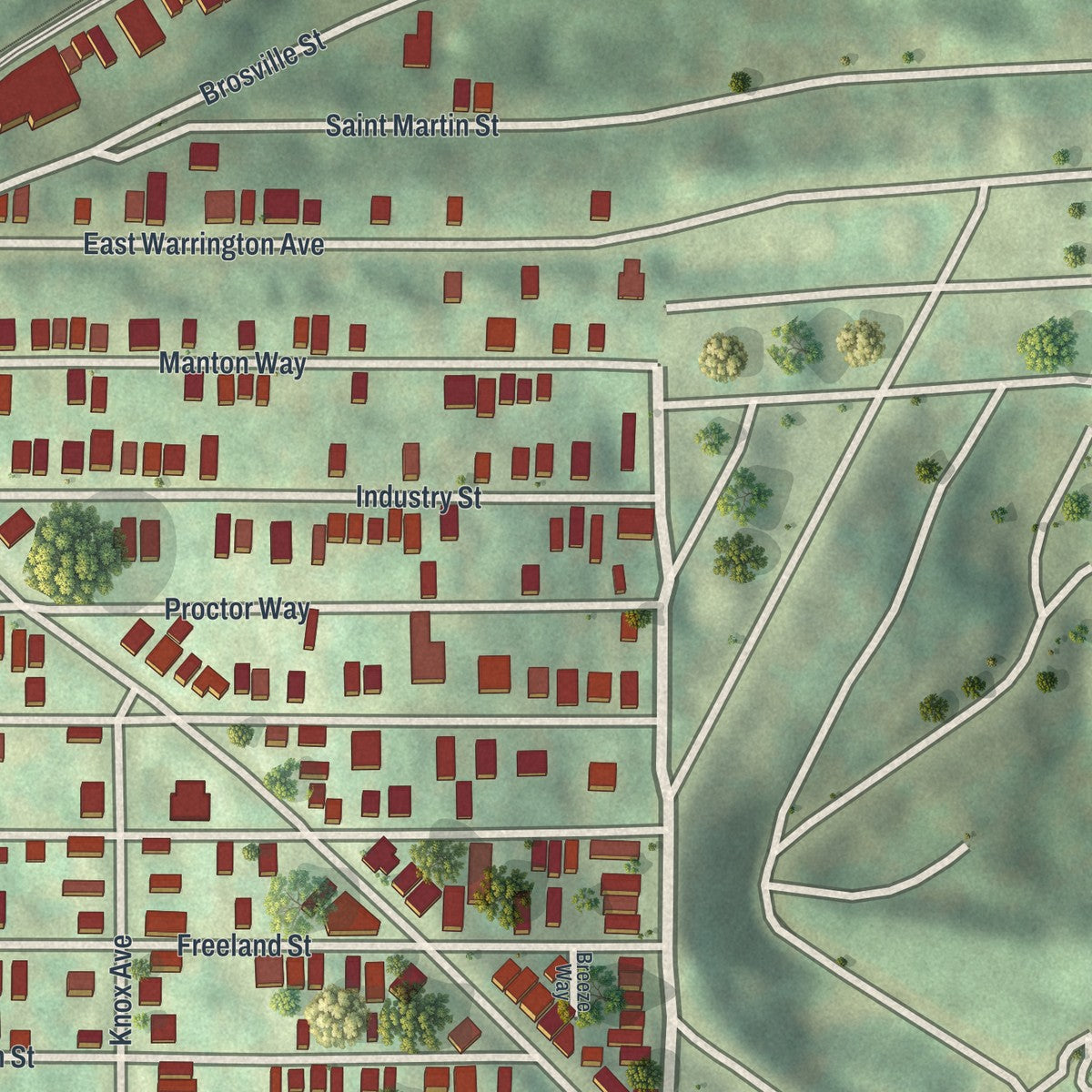 Second close-up of the map of Allentown, Pennsylvania print showing more streets and buildings