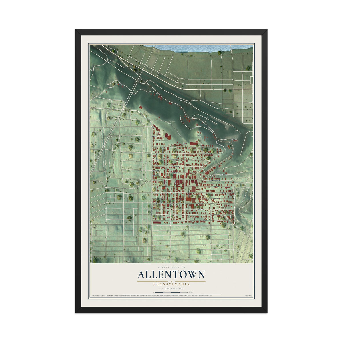 Map of Allentown, Pennsylvania, 12 x 18 inch print in a black wood frame