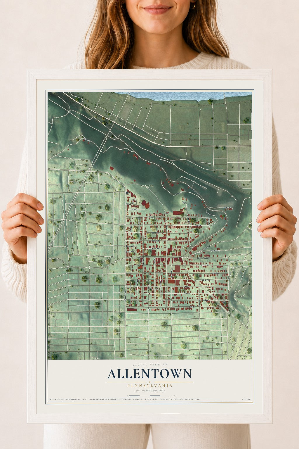 Map of Allentown, Pennsylvania, 18 x 24 inch print in a white wood frame