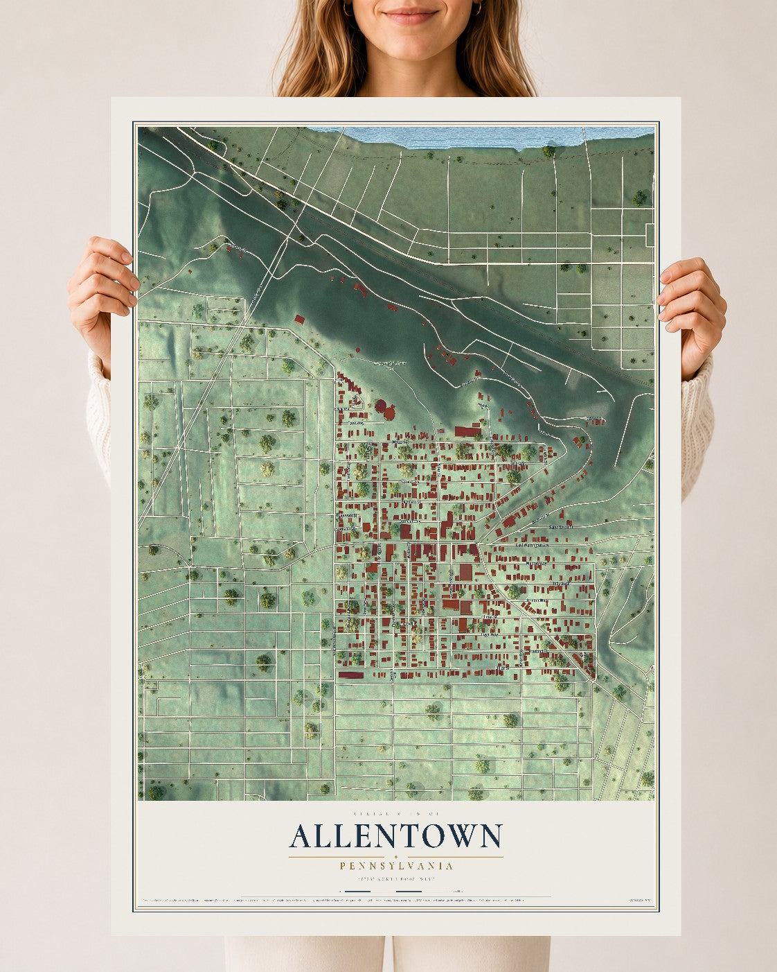 Map of Allentown, Pennsylvania, 24 x 36 inch unframed archival matte print