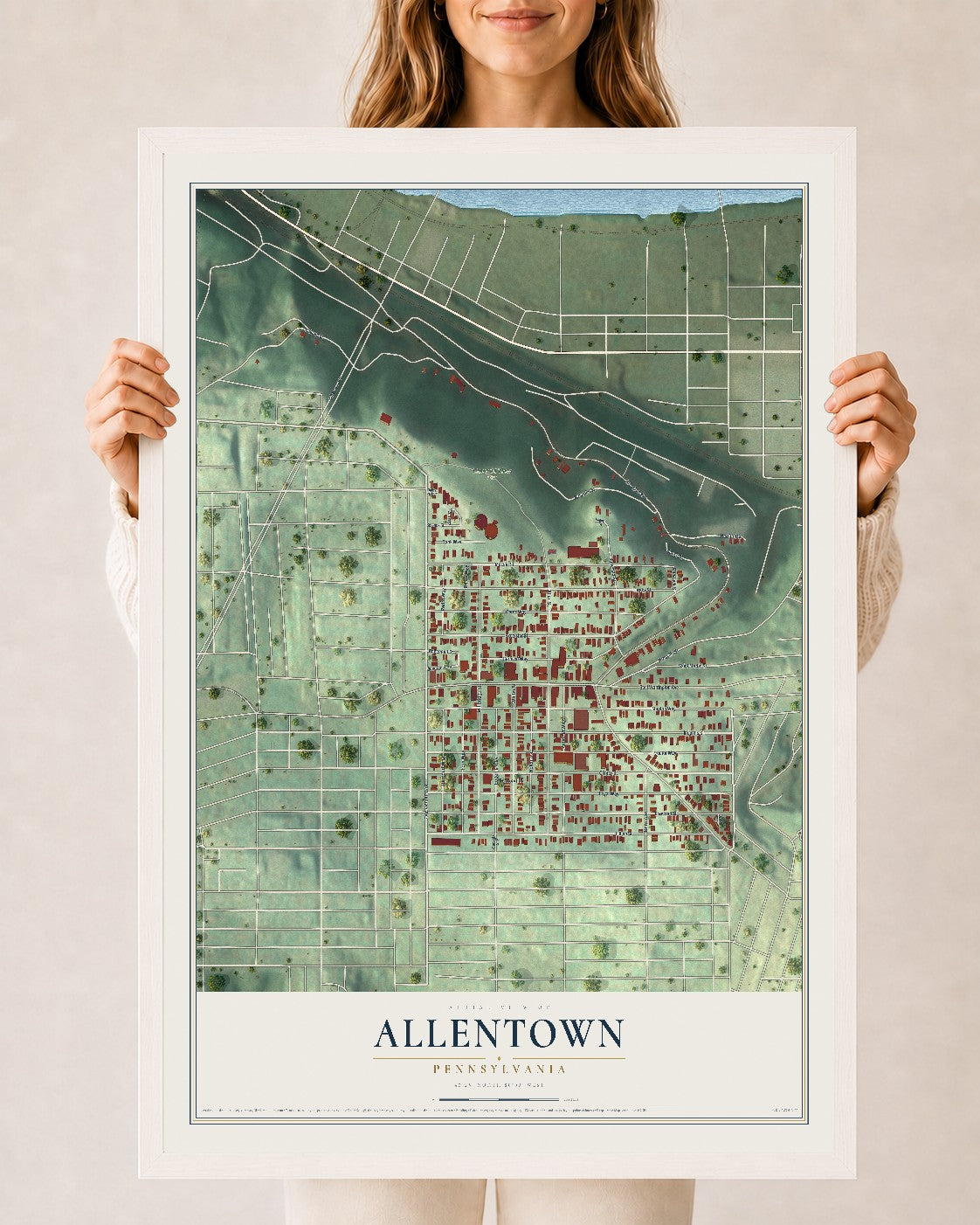 Map of Allentown, Pennsylvania, 24 x 36 inch print in a white wood frame