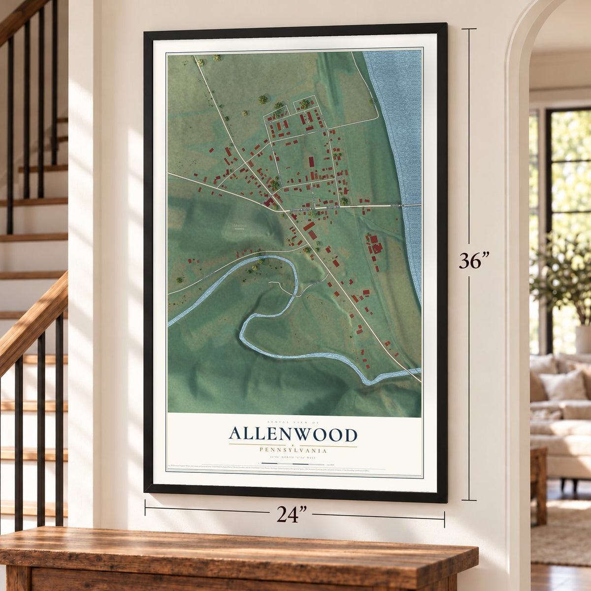Allenwood, Pennsylvania map, 24 x 36 inch print in a black frame by a staircase
