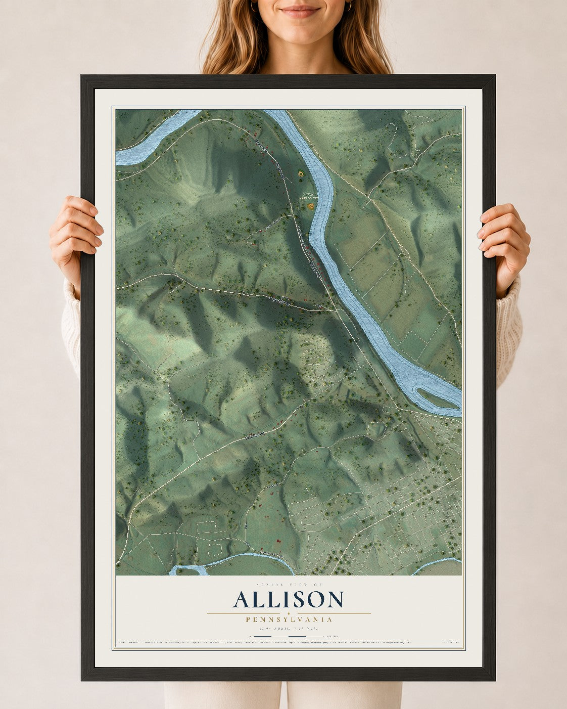Map of Allison, Pennsylvania, 24 x 36 inch print in a black wood frame