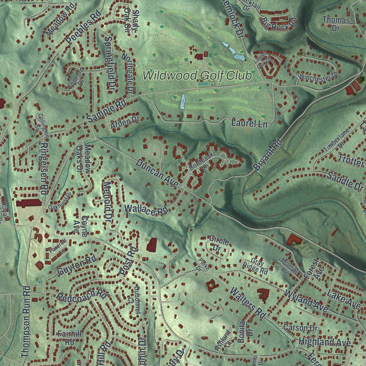 Close-up of the map of Allison Park, Pennsylvania print showing street and building detail