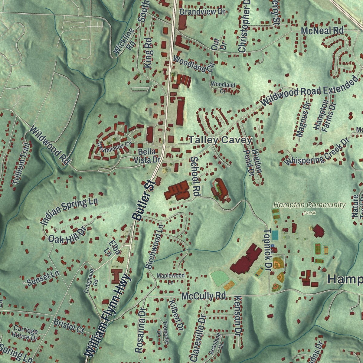 Second close-up of the map of Allison Park, Pennsylvania print showing more streets and buildings