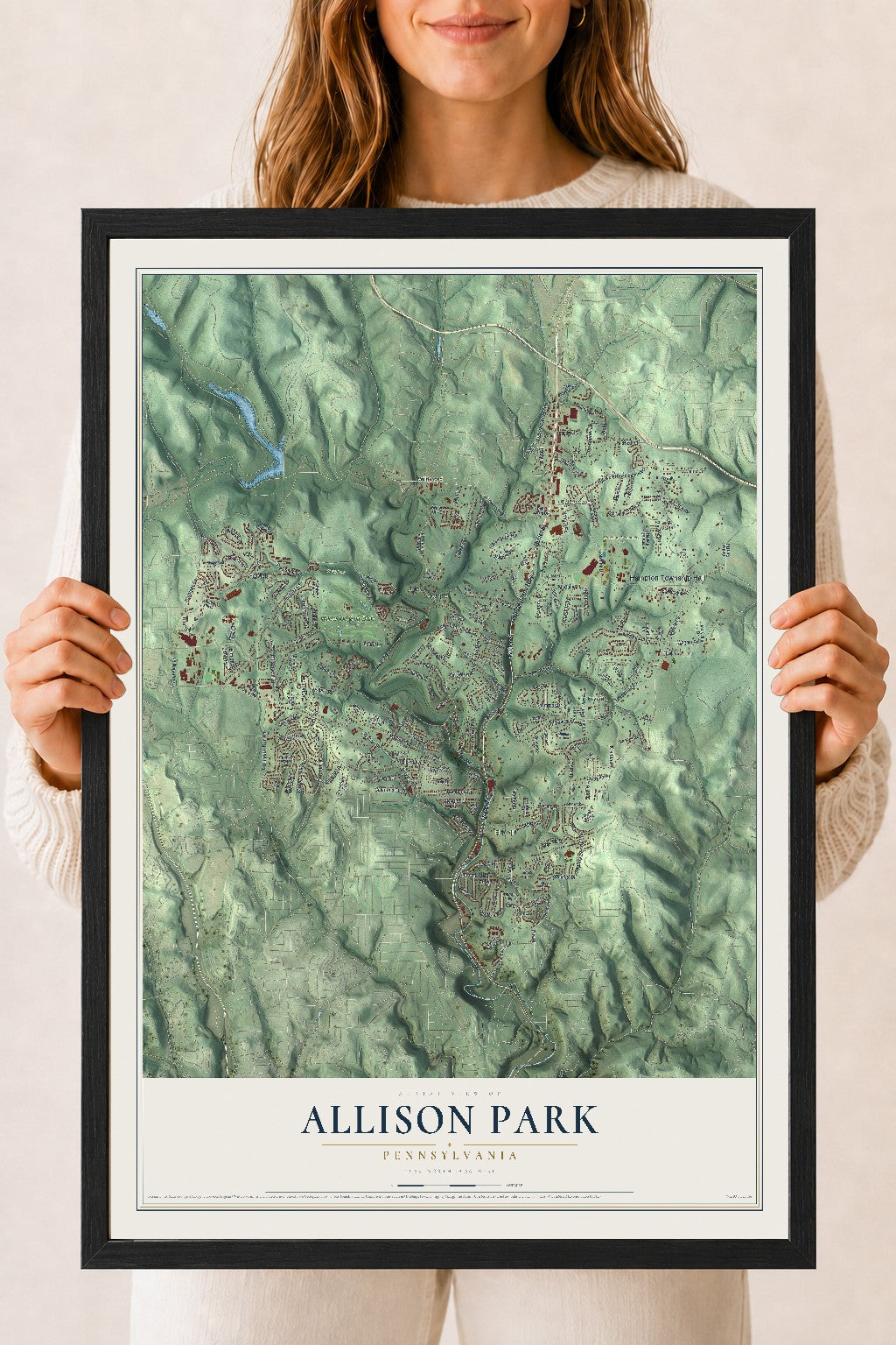Map of Allison Park, Pennsylvania, 18 x 24 inch print in a black wood frame