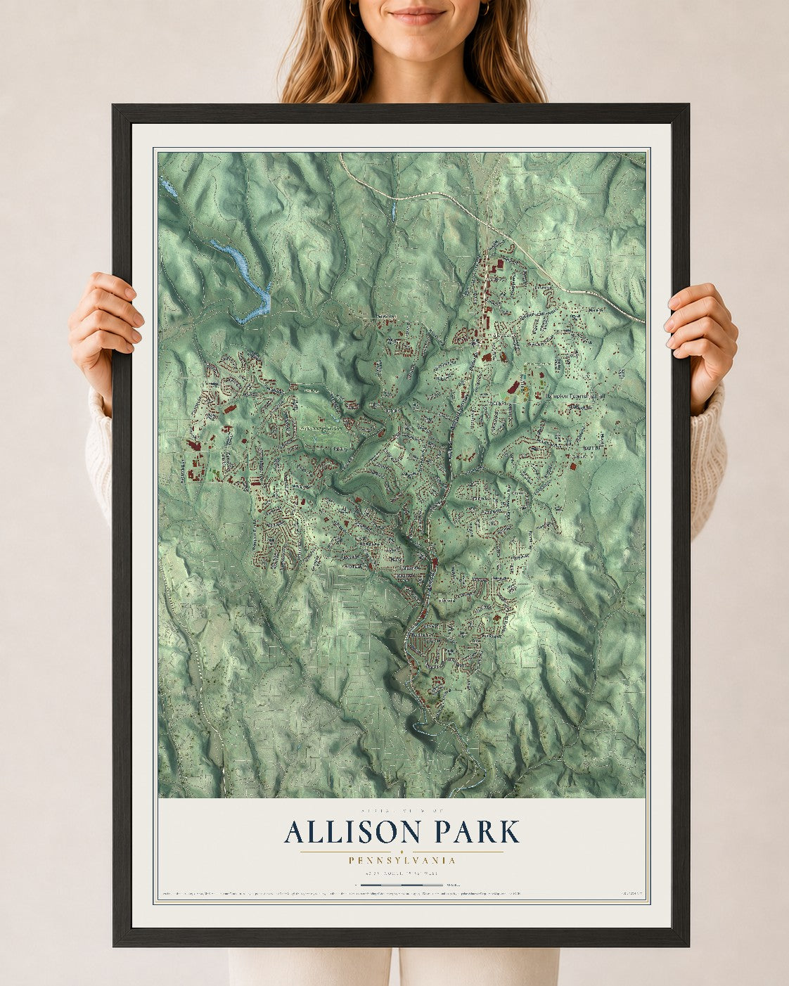 Map of Allison Park, Pennsylvania, 24 x 36 inch print in a black wood frame