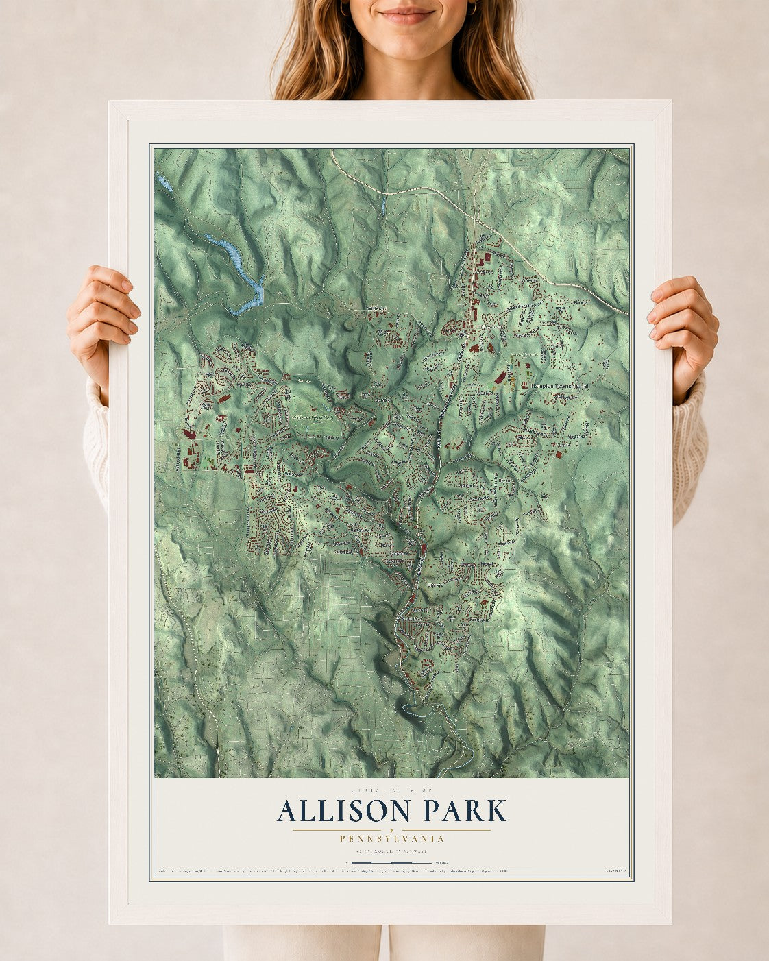 Map of Allison Park, Pennsylvania, 24 x 36 inch print in a white wood frame