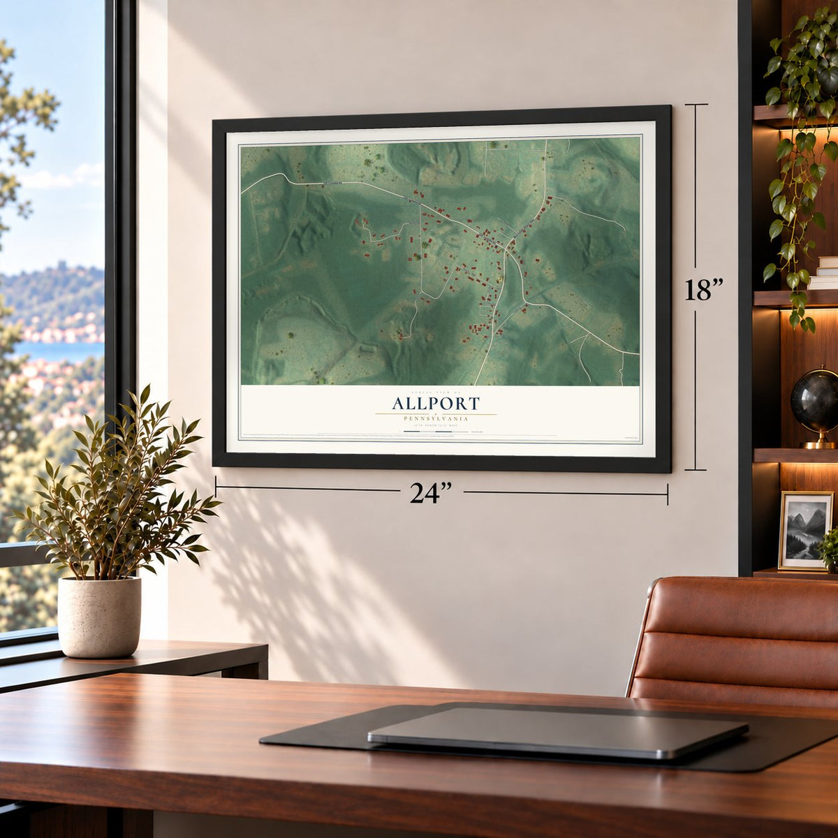 Allport, Pennsylvania map, 18 x 24 inch print in a black frame in a home office