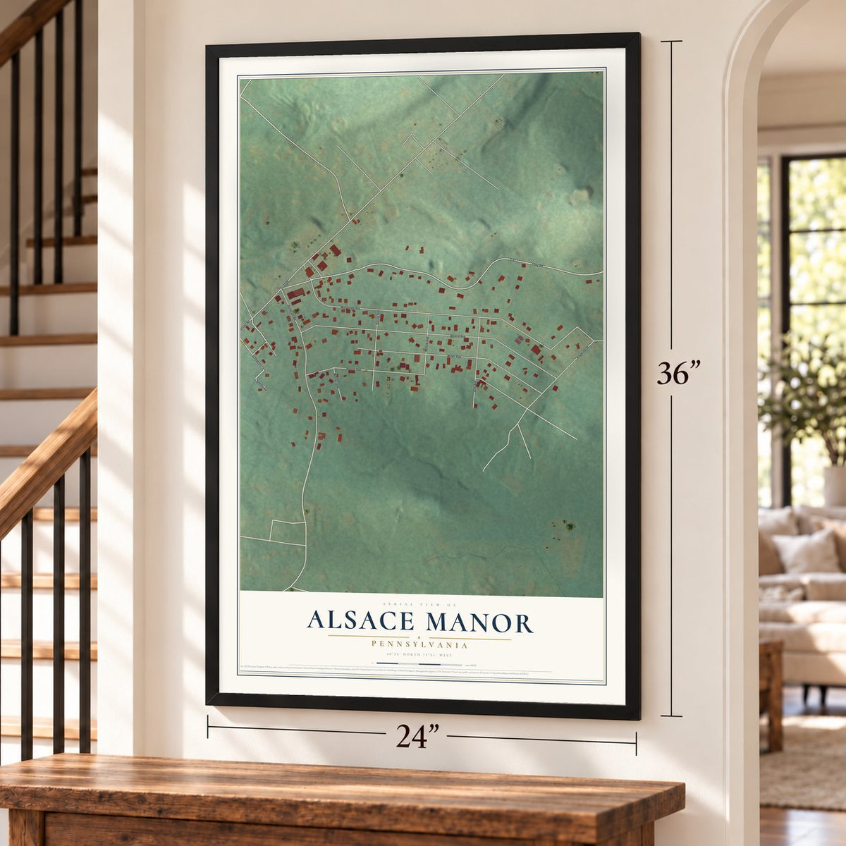 Alsace Manor, Pennsylvania map, 24 x 36 inch print in a black frame by a staircase