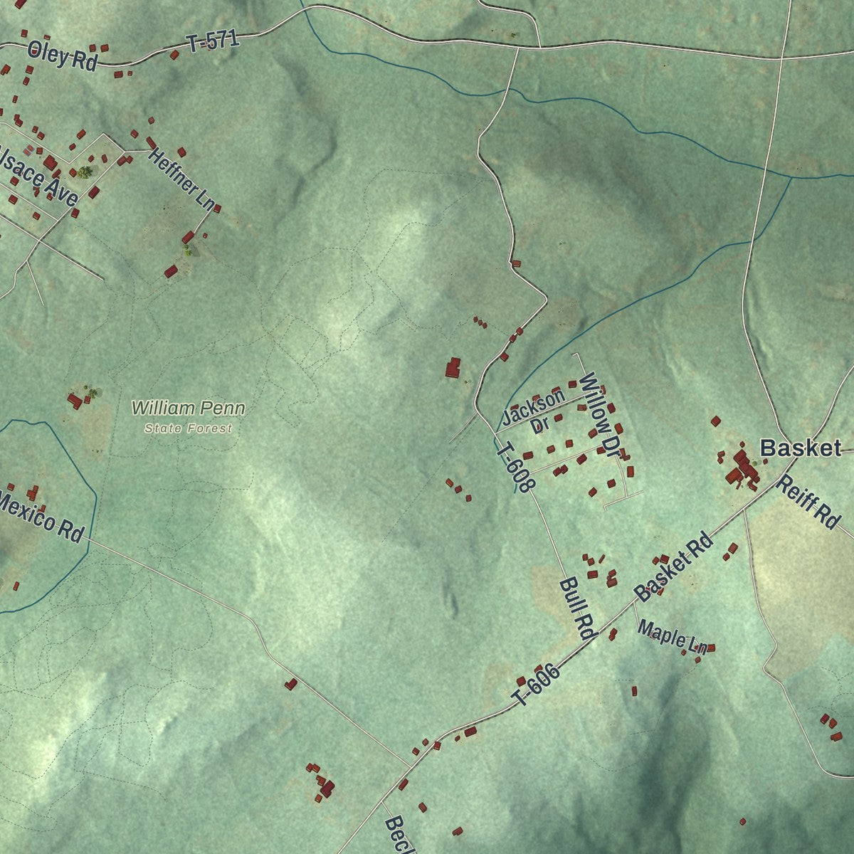 Second close-up of the map of Alsace, Pennsylvania print showing more streets and buildings