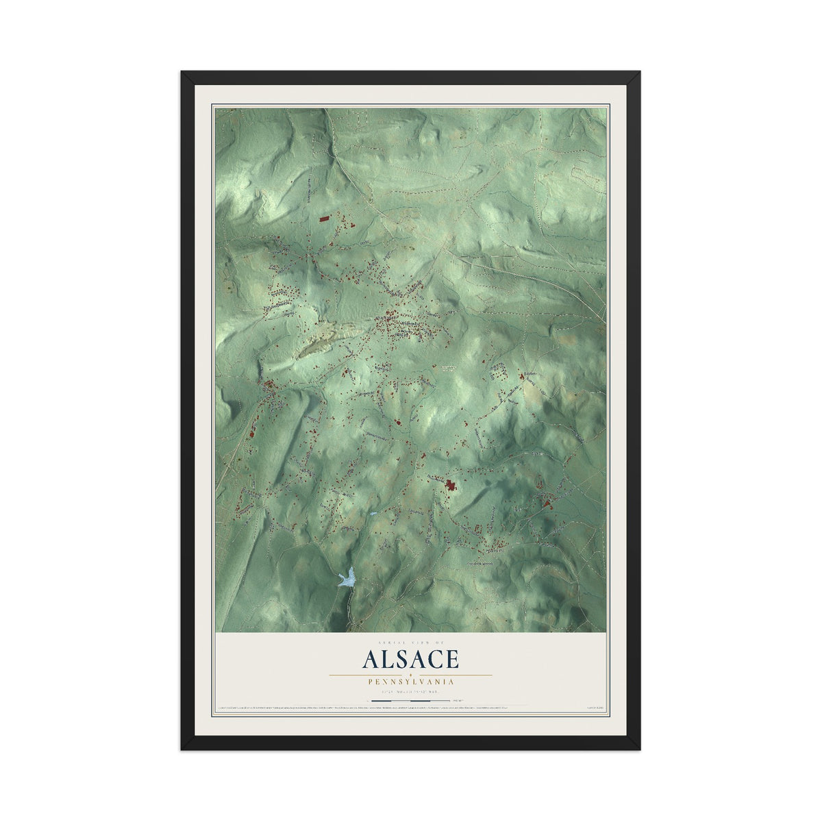 Map of Alsace, Pennsylvania, 12 x 18 inch print in a black wood frame