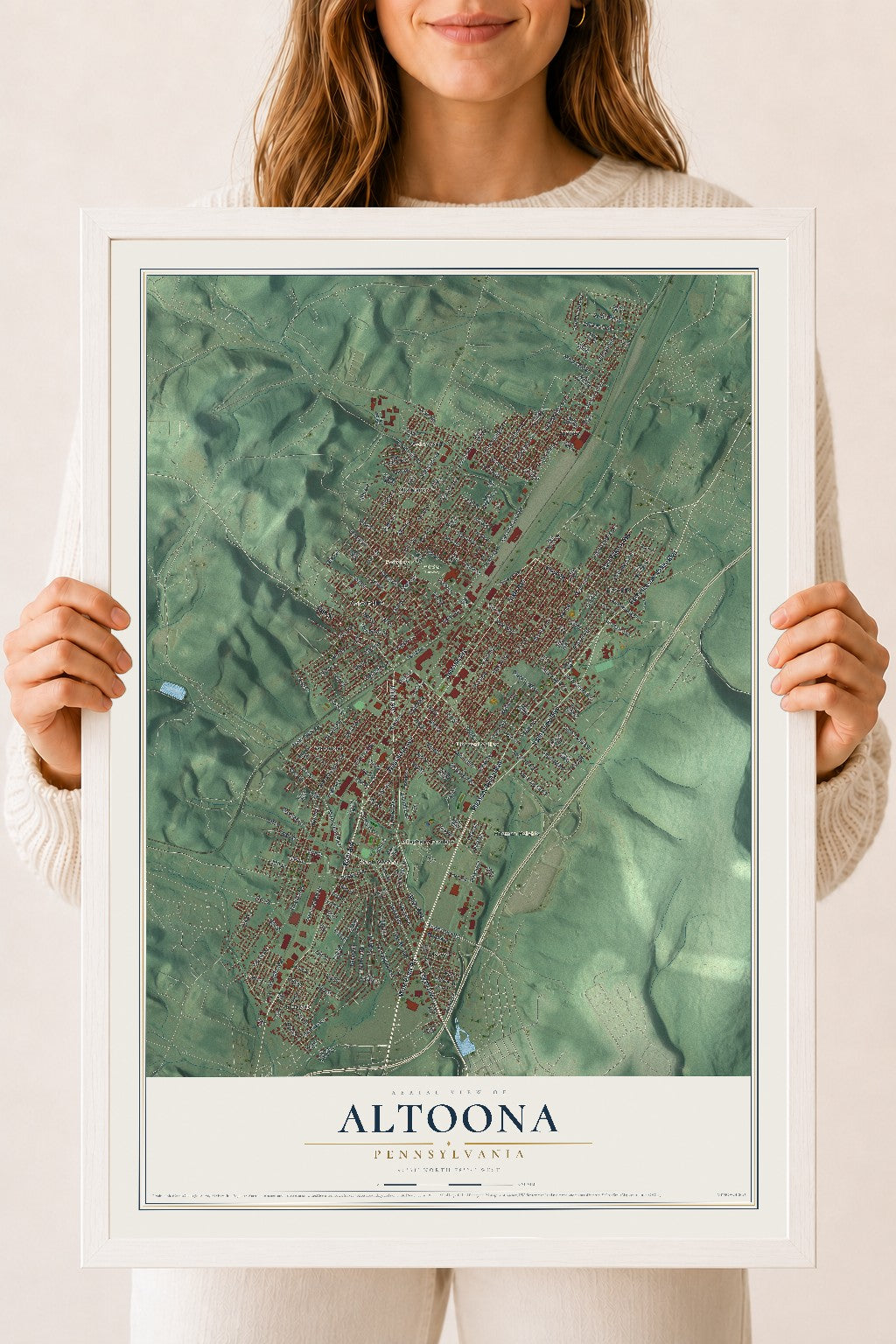 Map of Altoona, Pennsylvania, 18 x 24 inch print in a white wood frame