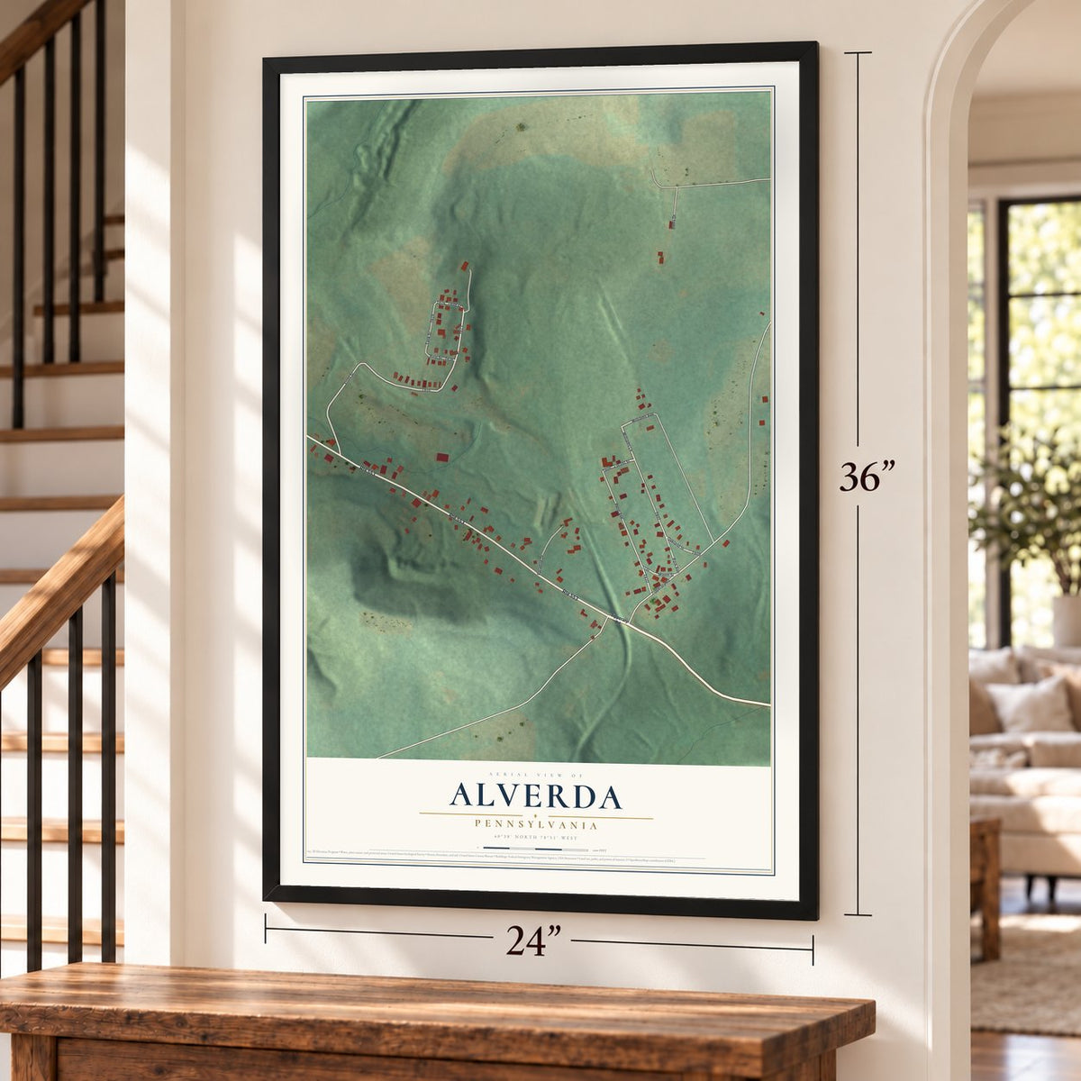 Alverda, Pennsylvania map, 24 x 36 inch print in a black frame by a staircase