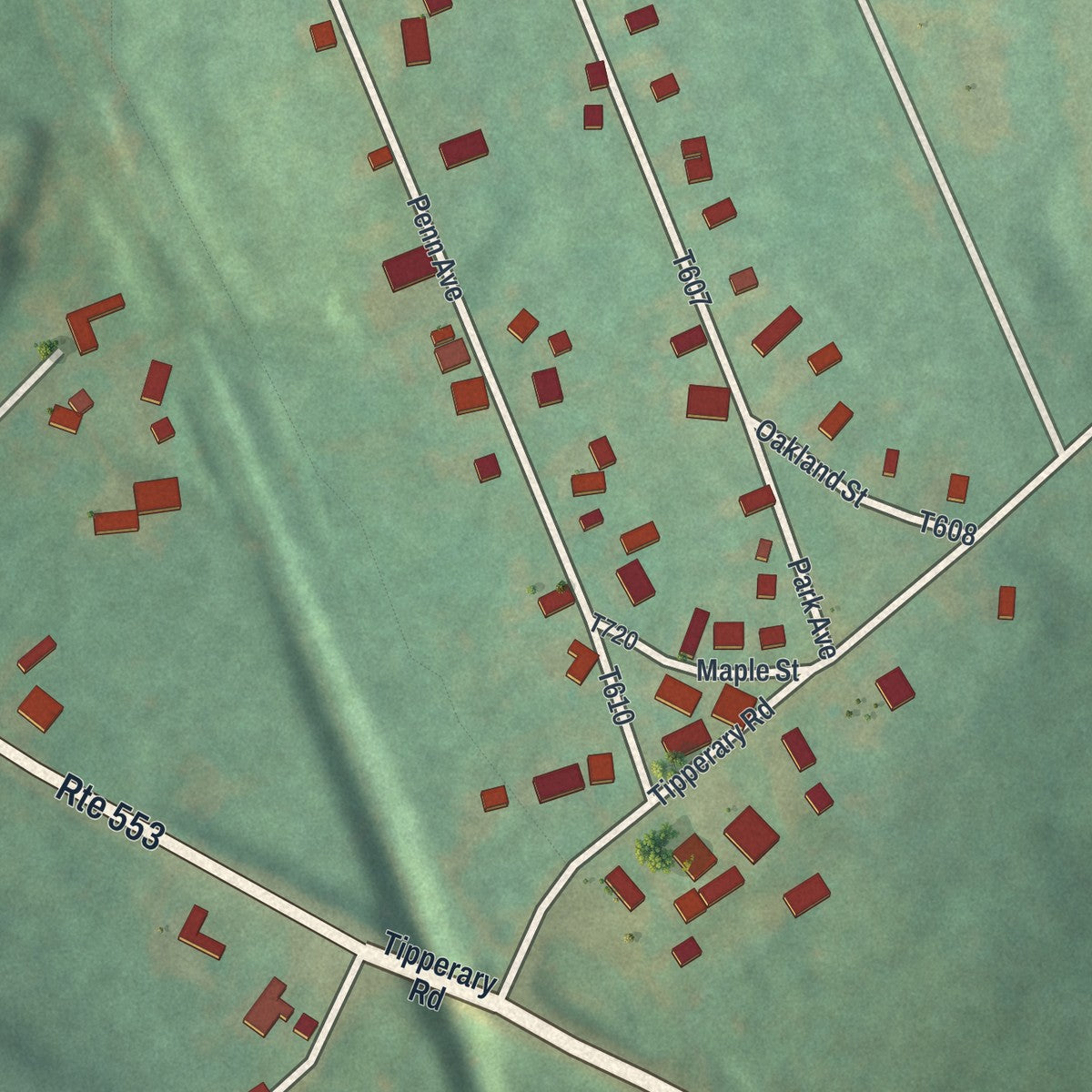 Close-up of the map of Alverda, Pennsylvania print showing street and building detail