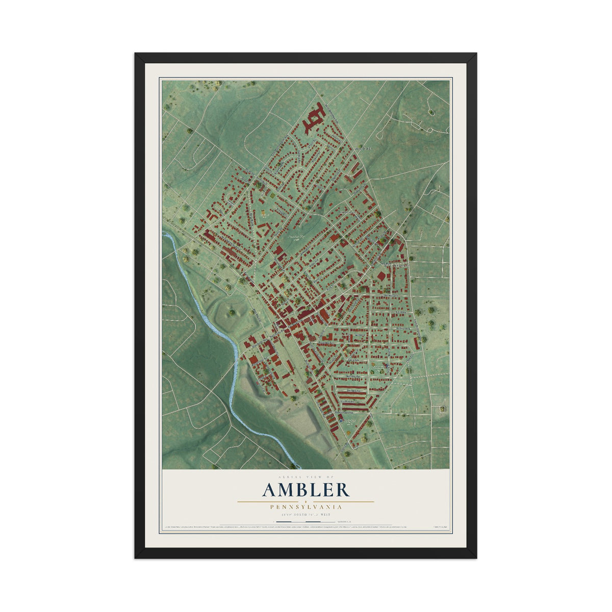 Map of Ambler, Pennsylvania, 12 x 18 inch print in a black wood frame