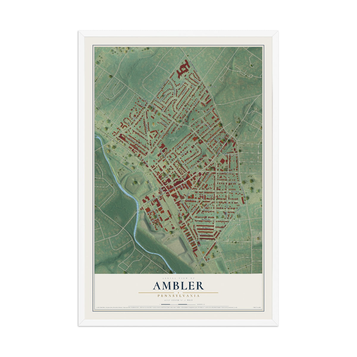 Map of Ambler, Pennsylvania, 12 x 18 inch print in a white wood frame