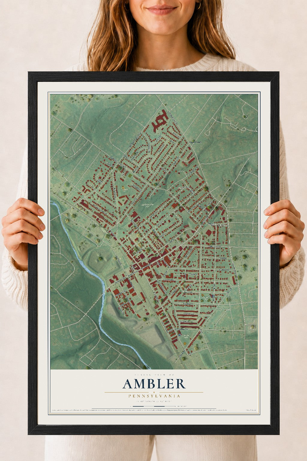 Map of Ambler, Pennsylvania, 18 x 24 inch print in a black wood frame