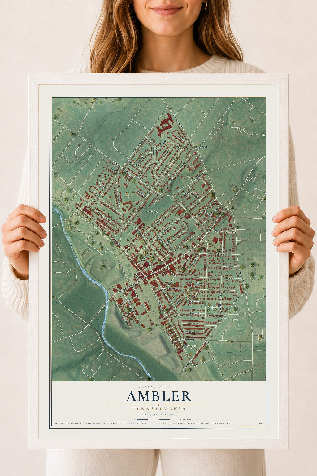 Map of Ambler, Pennsylvania, 18 x 24 inch print in a white wood frame