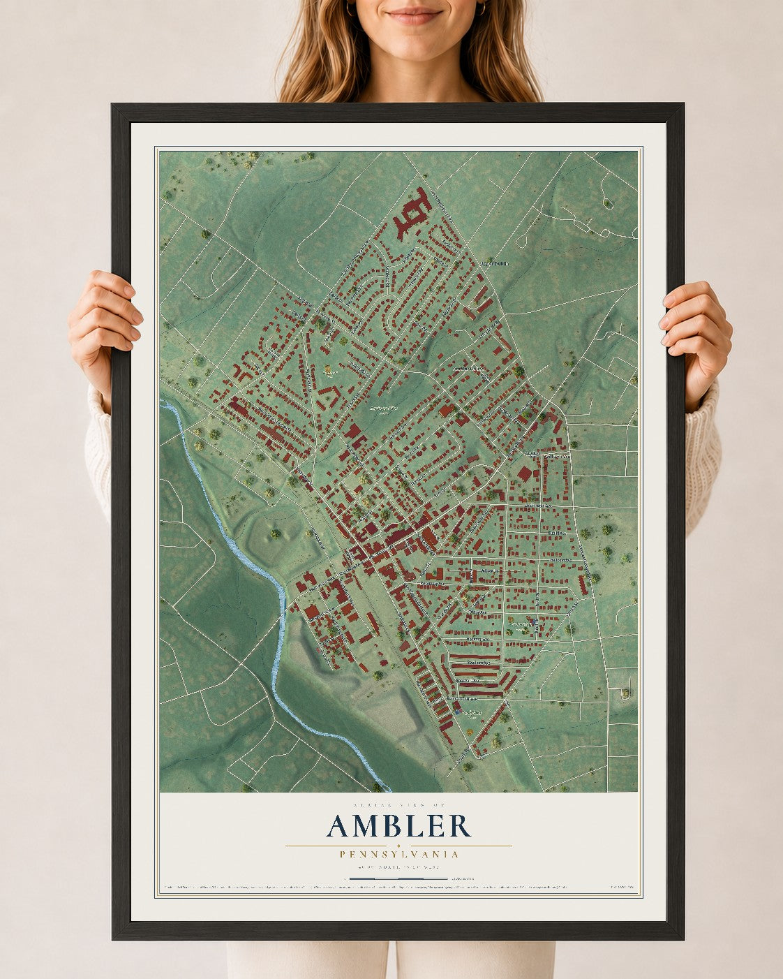 Map of Ambler, Pennsylvania, 24 x 36 inch print in a black wood frame