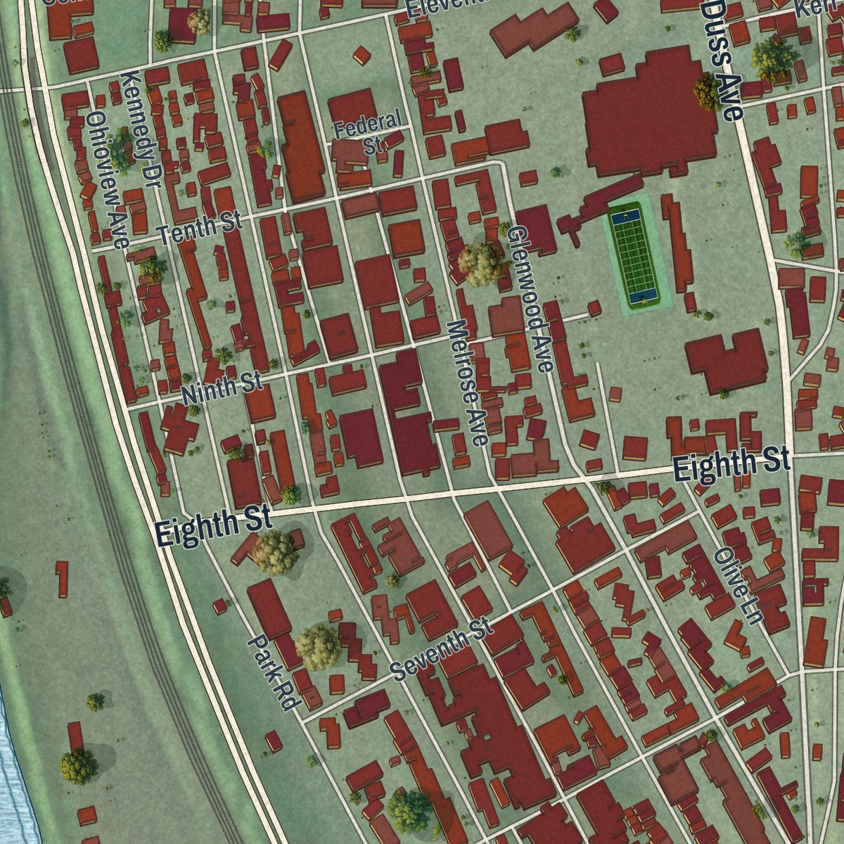 Close-up of the map of Ambridge, Pennsylvania print showing street and building detail