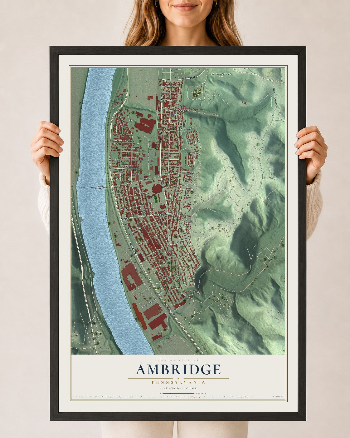 Map of Ambridge, Pennsylvania, 24 x 36 inch print in a black wood frame