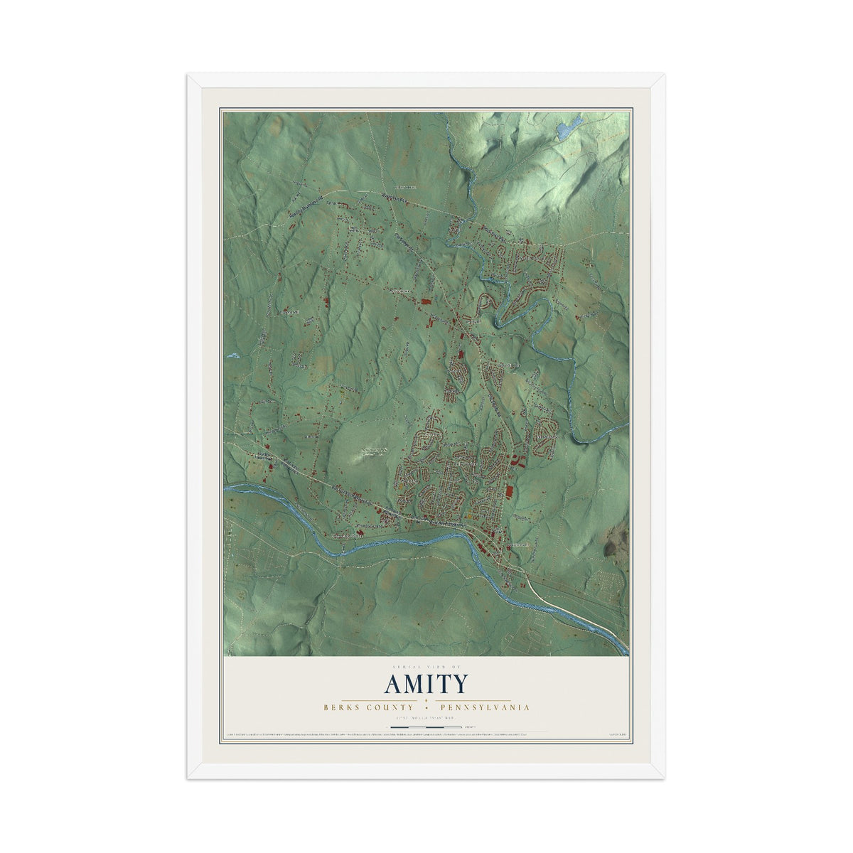 Map of Amity, Berks County, Pennsylvania, 12 x 18 inch print in a white wood frame